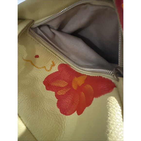 Elliott Lucca Leather Purse Yellow Hand Painted w/ Wood Gold Accents Soft EUC - Picture 7 of 16